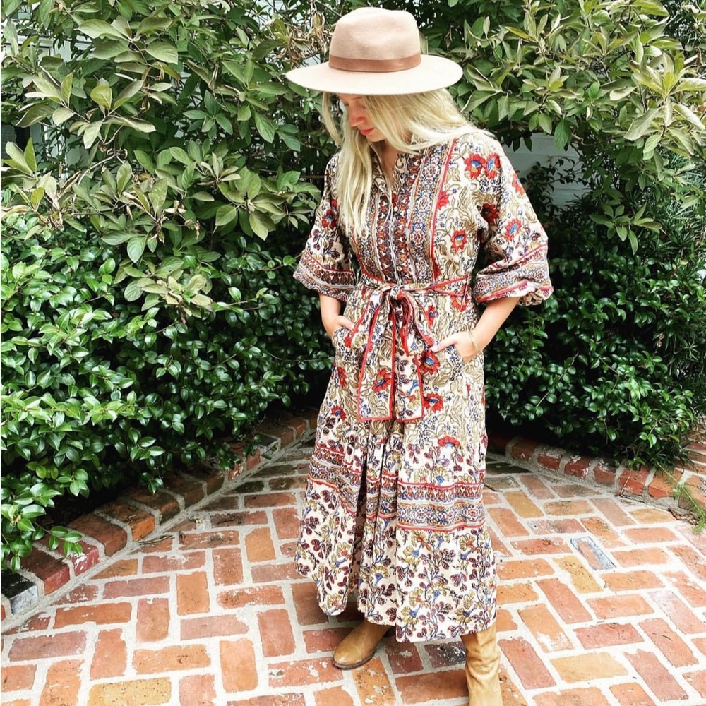 Sue Sartor Paloma Flounce Midi Dress - floral wheat pattern. Has pockets!